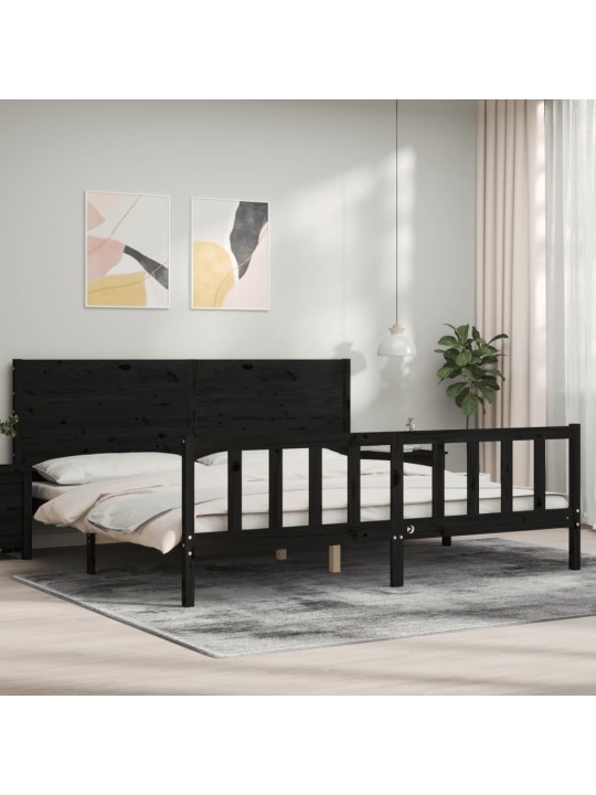 Gultas rāmis ar galvgali, melns, 200x200 cm, masīvkoks