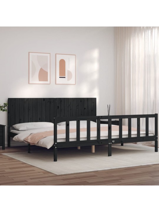 Gultas rāmis ar galvgali, melns, 200x200 cm, masīvkoks