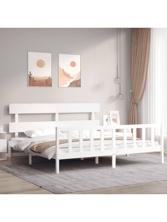 Gultas rāmis ar galvgali, Super King Size, masīvkoks, balts