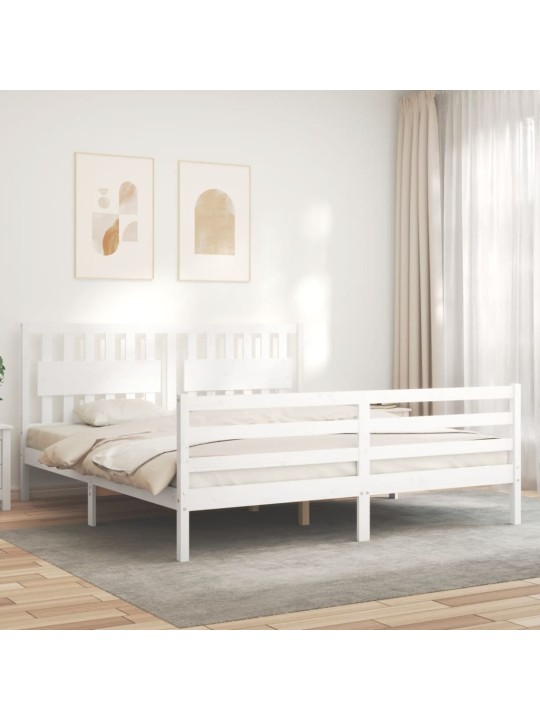 Gultas rāmis ar galvgali, Super King Size, masīvkoks, balts