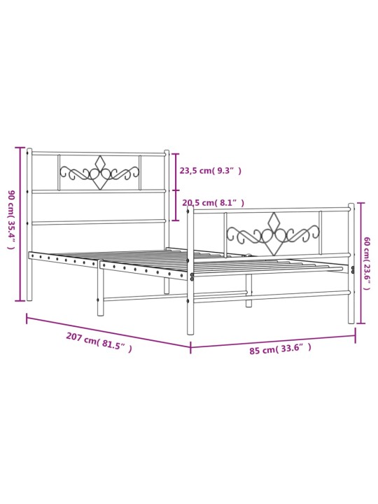 Gultas rāmis ar galvgali un kājgali, melns metāls, 80x200 cm