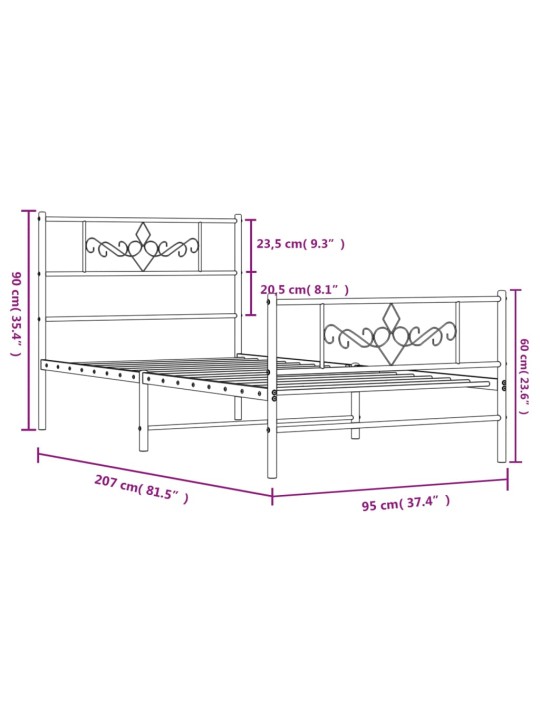 Gultas rāmis ar galvgali un kājgali, melns metāls, 90x200 cm