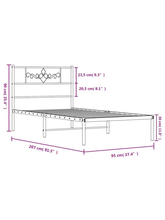 Gultas rāmis ar galvgali, balts metāls, 90x200 cm