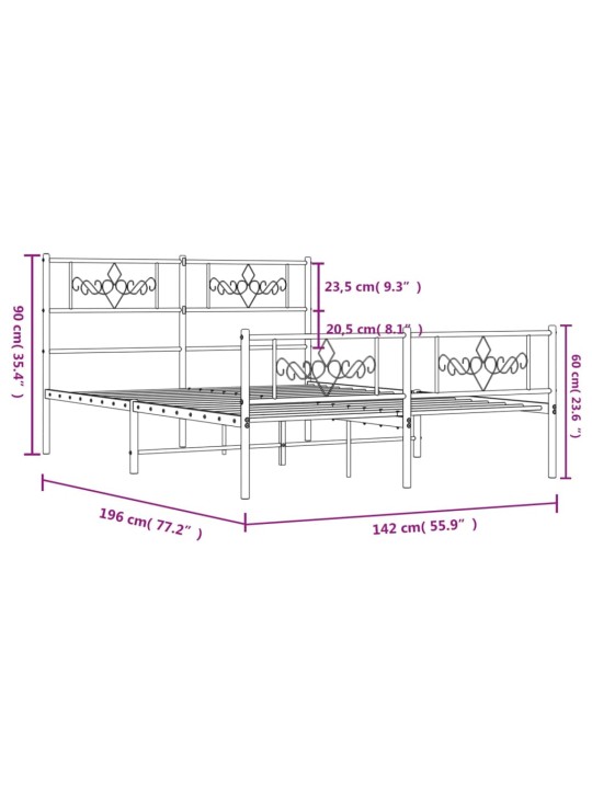 Gultas rāmis ar galvgali un kājgali, balts metāls, 135x290 cm