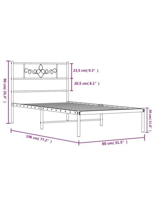 Gultas rāmis ar galvgali, melns metāls, 75x190 cm