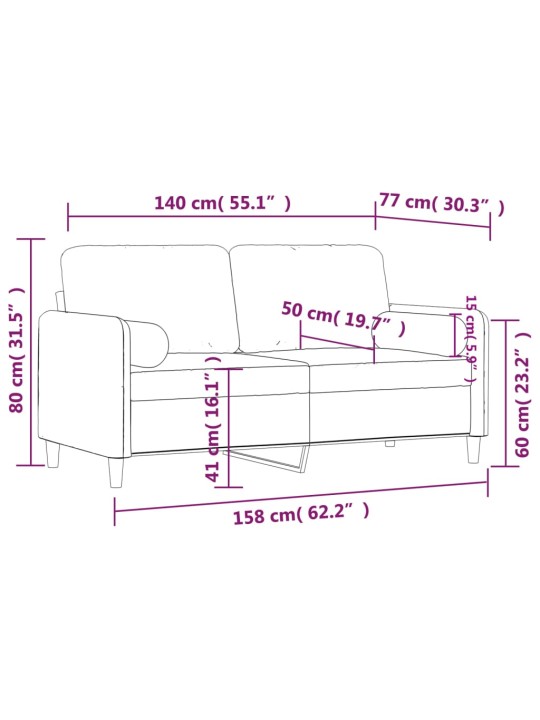 Divvietīgs dīvāns ar spilveniem, vīnsarkans, 140 cm, samts