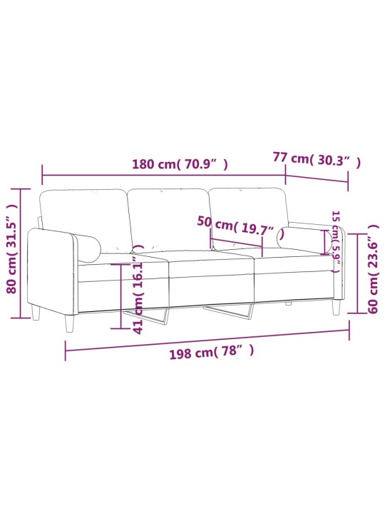 Trīsvietīgs dīvāns ar spilveniem, melns, 180 cm, samts