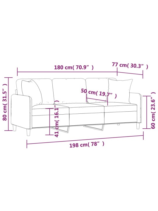 Trīsvietīgs dīvāns ar spilveniem, vīnsarkans, 180 cm, audums
