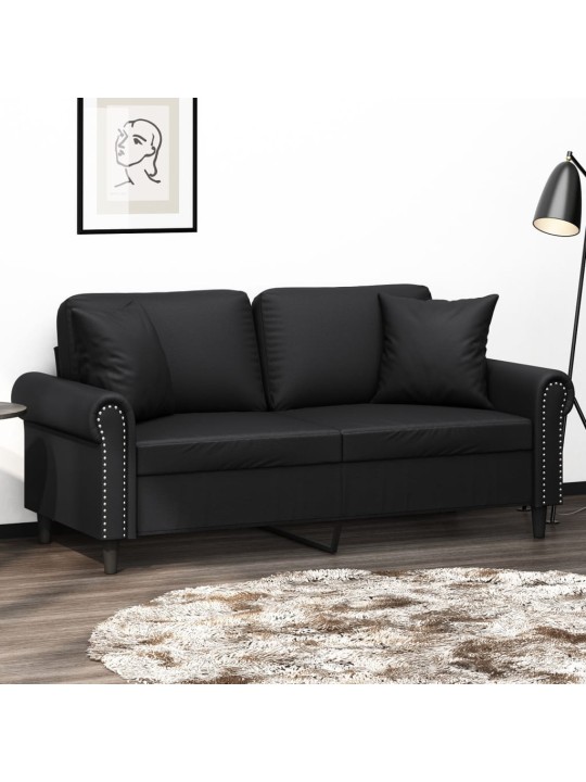 Divvietīgs dīvāns ar spilveniem, melns, 140 cm, mākslīgā āda