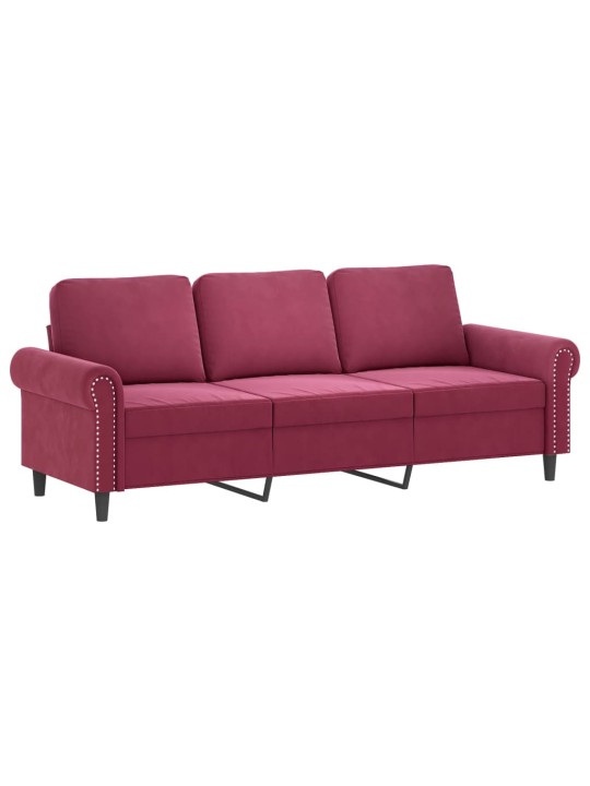 Trīsvietīgs dīvāns ar spilveniem, vīnsarkans, 180 cm, samts