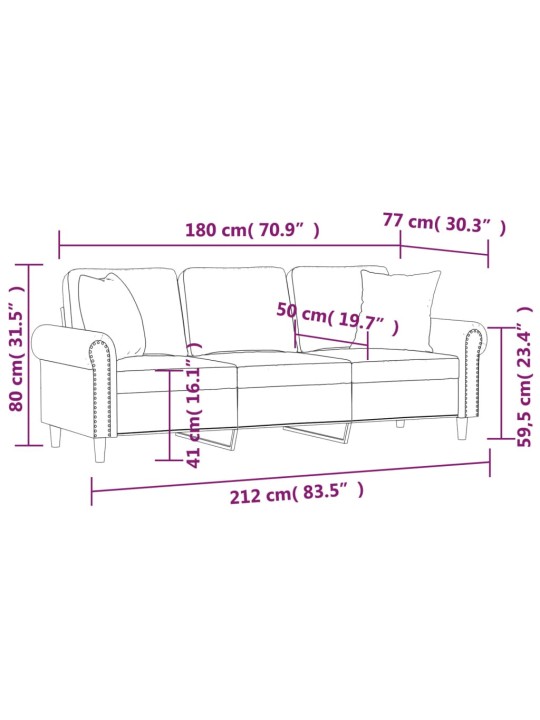 Trīsvietīgs dīvāns ar spilveniem, zils, 180 cm, samts