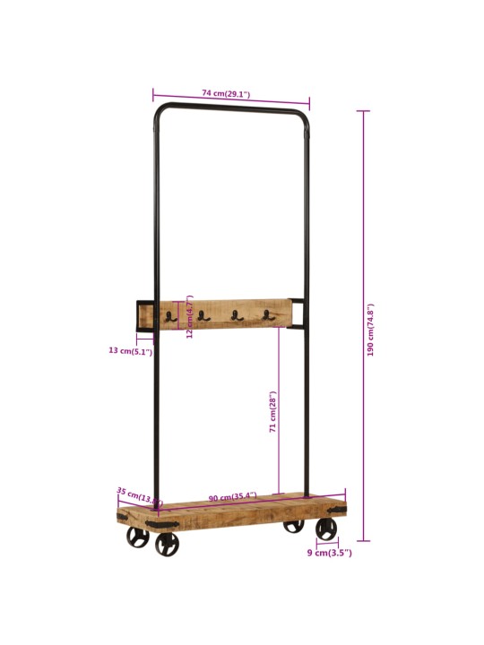 Drēbju pakaramais ar riteņiem, 90x35x190 cm, mango koks, dzelzs