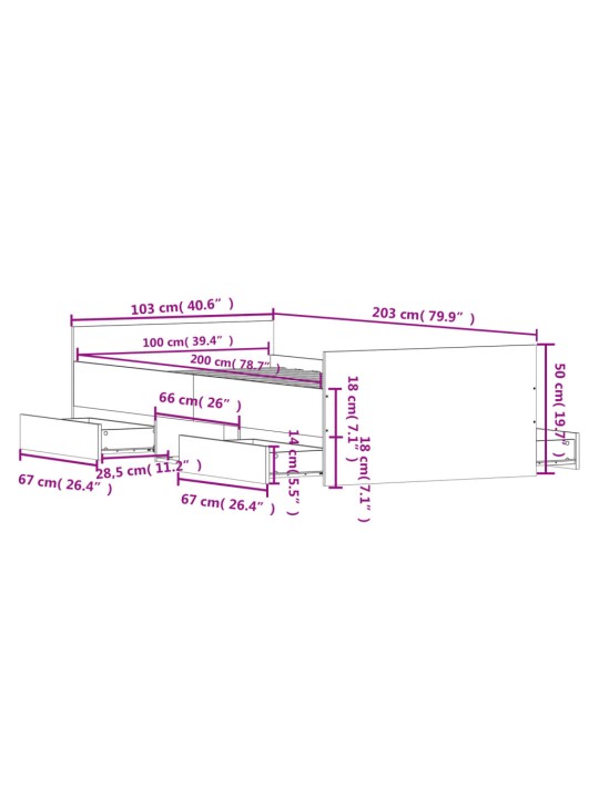 Gultas rāmis ar galvgali un kājgali, balts, 100x200 cm