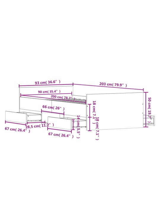 Gultas rāmis ar galvgali un kājgali, koka krāsa, 90x200 cm