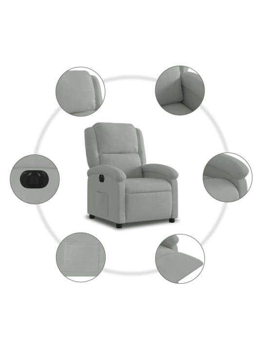 Elektrisks atpūtas krēsls, atgāžams, gaiši pelēks samts