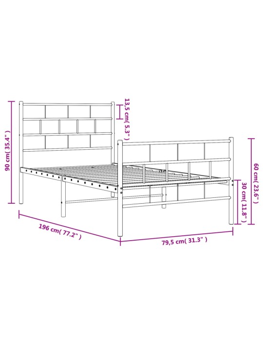 Gultas rāmis ar galvgali un kājgali, melns metāls, 75x190 cm