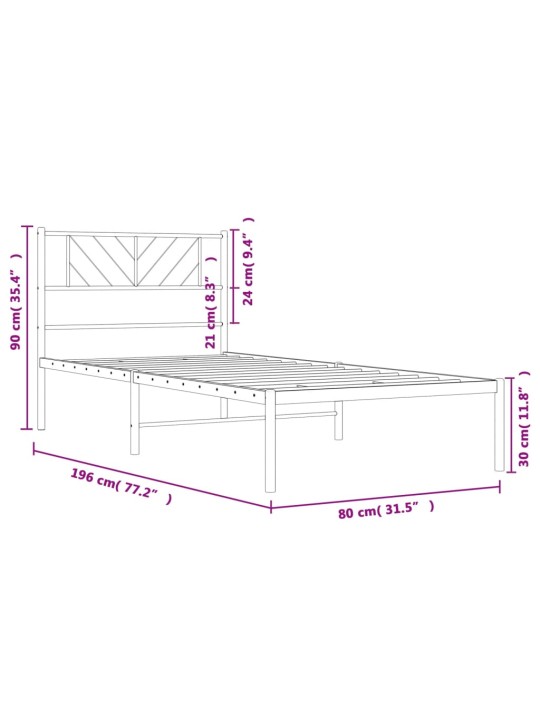 Gultas rāmis ar galvgali, melns metāls, 75x190 cm