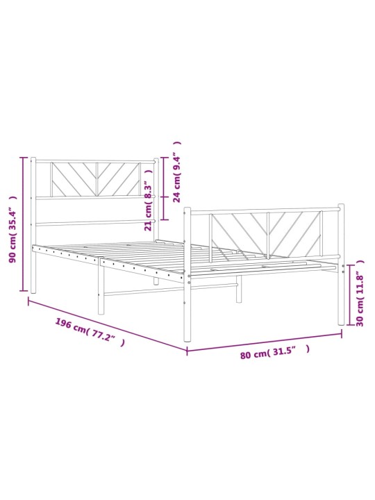 Gultas rāmis ar galvgali un kājgali, balts metāls, 75x190 cm