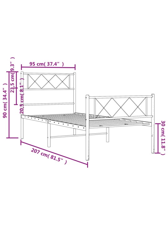 Gultas rāmis ar galvgali un kājgali, melns metāls, 90x200 cm