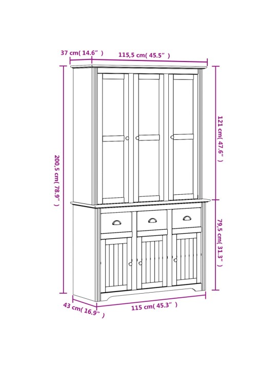Augstais skapis bodo, 115,5x43x200,5 cm, priede, balts, brūns