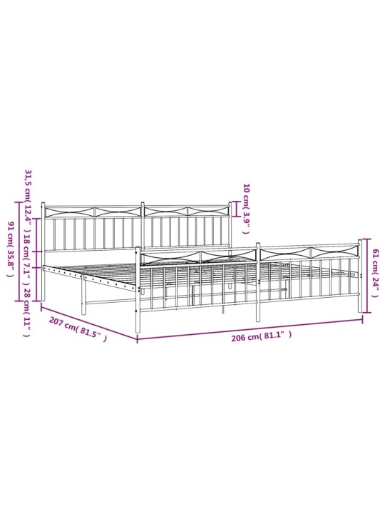 Gultas rāmis ar galvgali un kājgali, melns metāls, 200x200 cm
