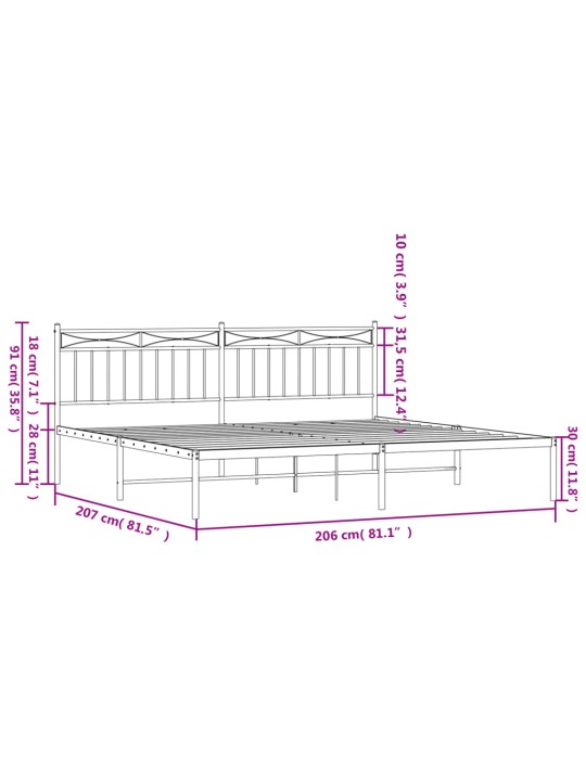 Gultas rāmis ar galvgali, balts metāls, 200x200 cm