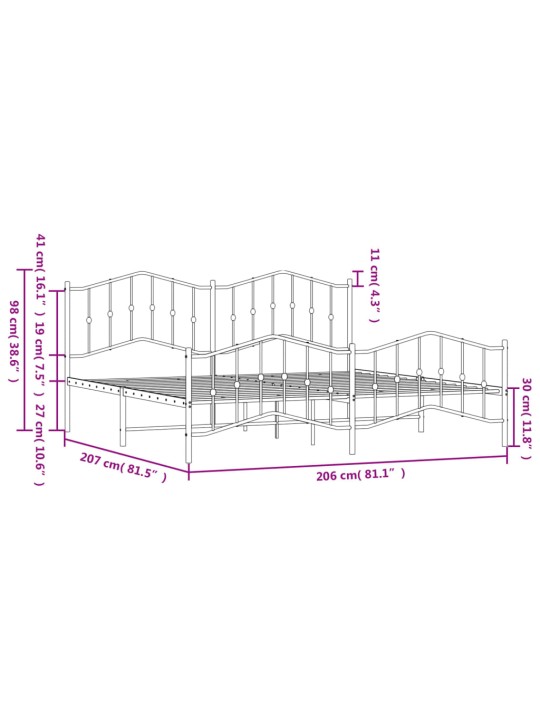 Gultas rāmis ar galvgali un kājgali, melns metāls, 200x200 cm