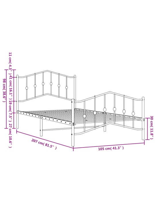 Gultas rāmis ar galvgali un kājgali, balts metāls, 100x200 cm