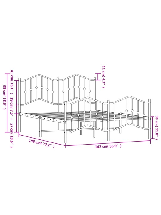 Gultas rāmis ar galvgali un kājgali, balts metāls, 135x290 cm