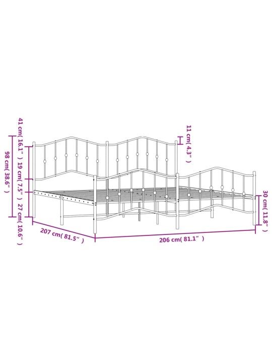 Gultas rāmis ar galvgali un kājgali, balts metāls, 200x200 cm