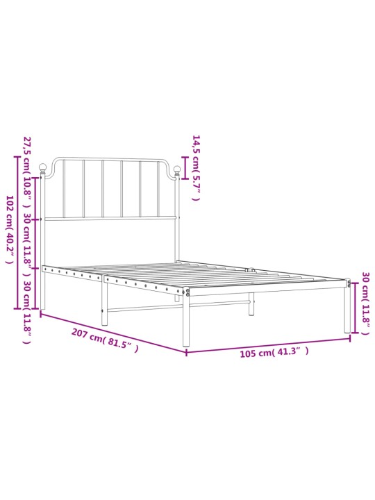 Gultas rāmis ar galvgali, melns metāls, 100x200 cm