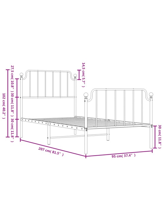 Gultas rāmis ar galvgali un kājgali, melns metāls, 90x200 cm
