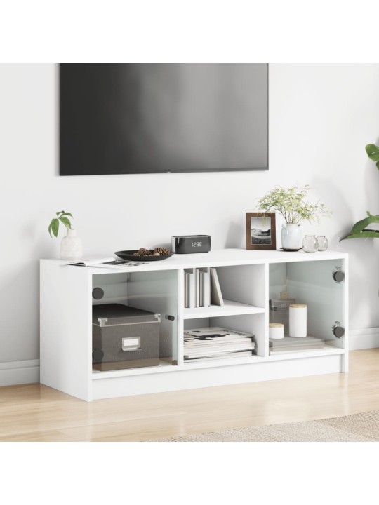 Tv skapītis ar stikla durvīm, balts, 102x37x42 cm