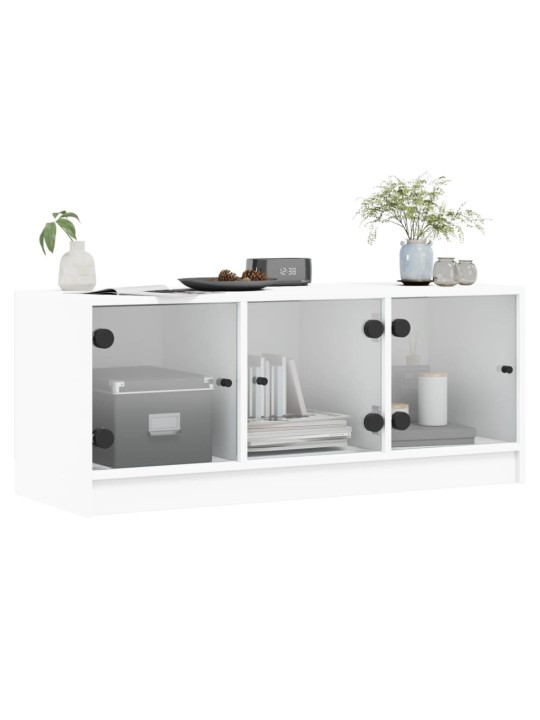 Tv skapītis ar stikla durvīm, balts, 102x37x42 cm
