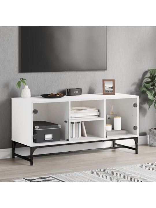Tv skapītis ar stikla durvīm, balts, 102x37x50 cm