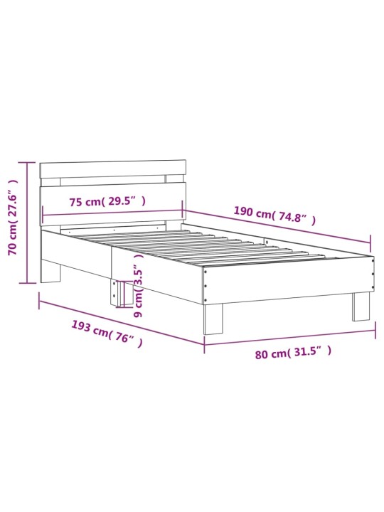 Gultas rāmis ar galvgali, melns, 75x190 cm, inženierijas koks