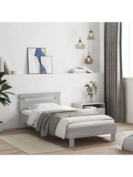 Gultas rāmis ar galvgali un LED, pelēka ozola, 100x200 cm