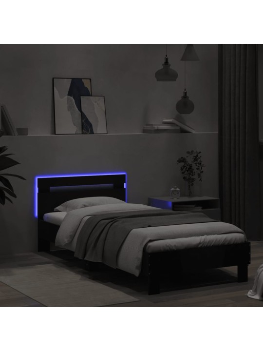 Gultas rāmis ar galvgali un LED, melns, 90x200 cm
