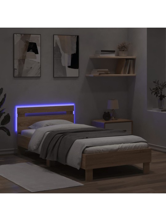 Gultas rāmis ar galvgali un LED, koka krāsa, 90x200 cm