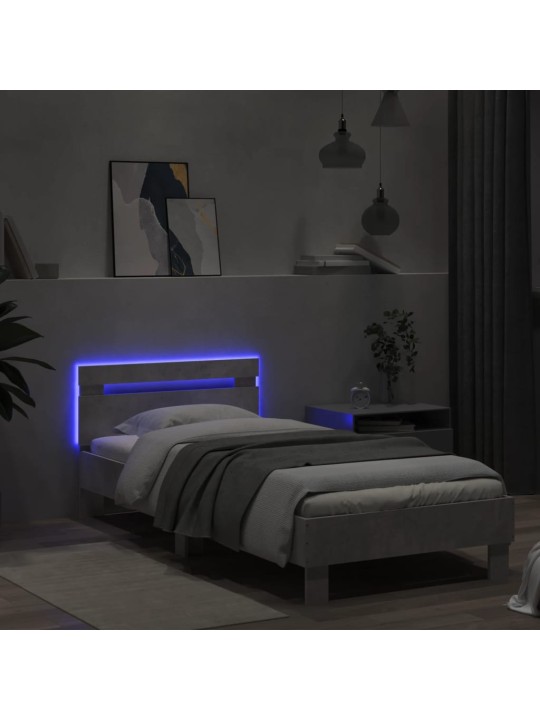 Gultas rāmis ar galvgali un LED, betona pelēks, 90x200 cm