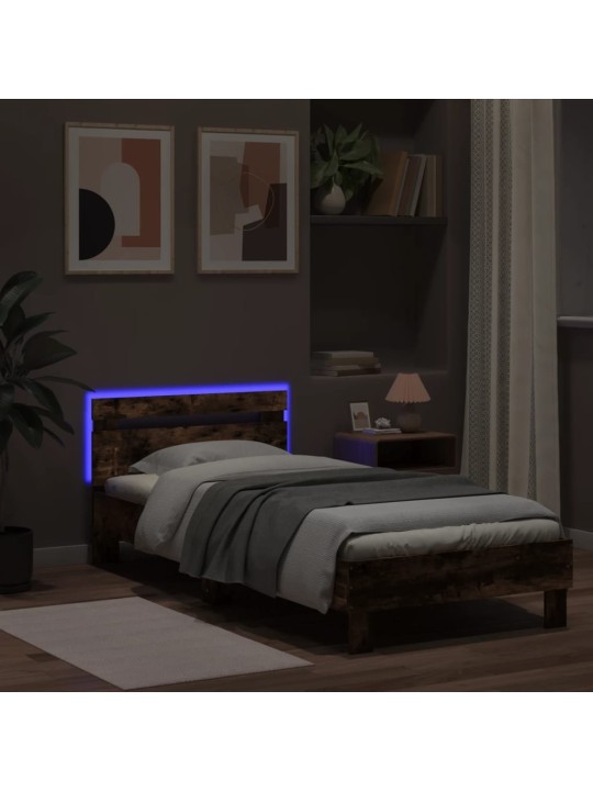Gultas rāmis ar galvgali un LED, koka krāsa, 90x200 cm
