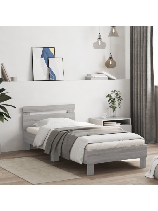 Gultas rāmis ar galvgali un LED, pelēka ozola, 90x200 cm