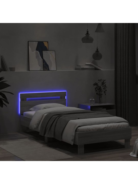 Gultas rāmis ar galvgali un LED, pelēka ozola, 90x200 cm
