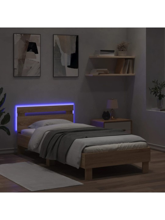 Gultas rāmis ar galvgali un LED, koka krāsa, 90x190 cm