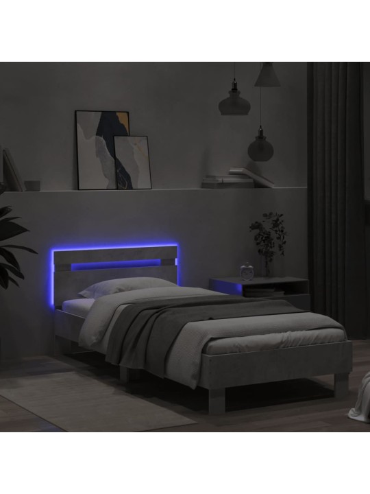 Gultas rāmis ar galvgali un LED, betona pelēks, 90x190 cm