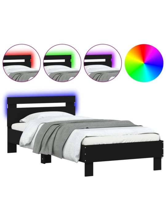 Gultas rāmis ar galvgali un LED, melns, 75x190 cm