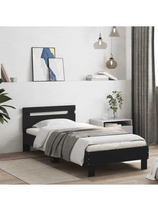 Gultas rāmis ar galvgali un LED, melns, 75x190 cm