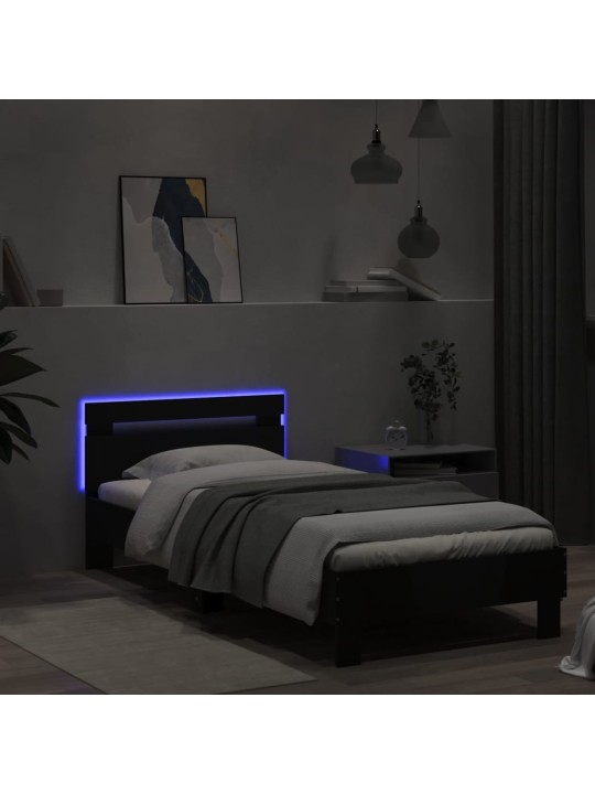Gultas rāmis ar galvgali un LED, melns, 75x190 cm