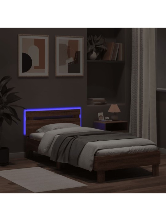 Gultas rāmis ar galvgali un LED, brūna koka krāsa, 75x190 cm
