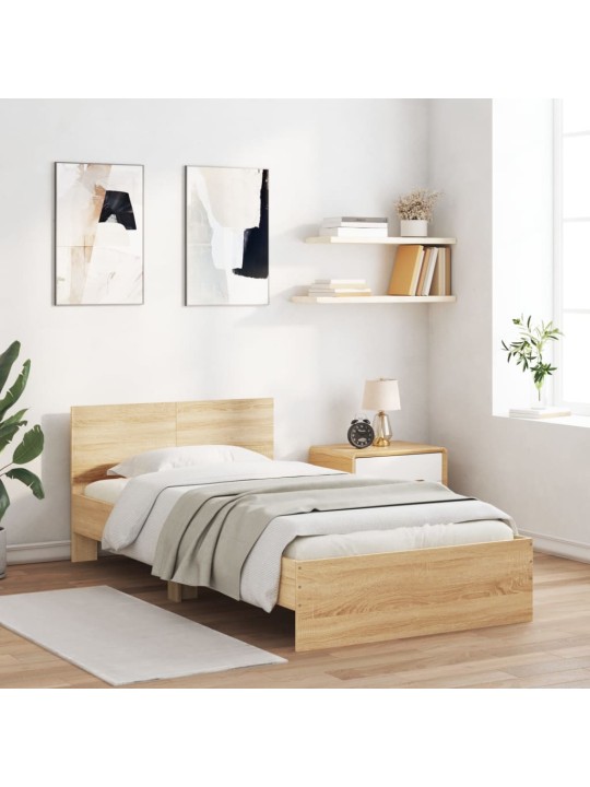 Gultas rāmis ar galvgali un LED, koka krāsa, 100x200 cm